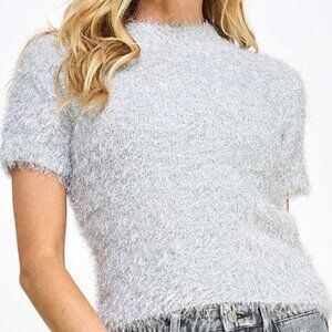 Forever 21 Fuzzy Cropped short sleeve Sweater - baby blue - size XS
